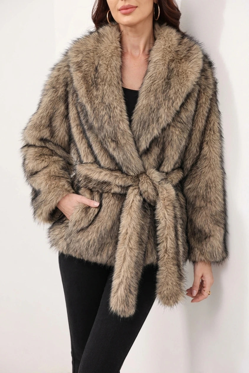 Women's Faux Fur Jacket with Shawl Collar and Tie Belt — variant_front