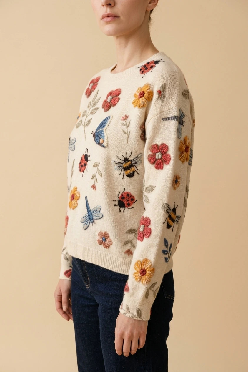 Women's Embroidered Floral Knit Sweater Loose Fit Crew Neck — variant_front