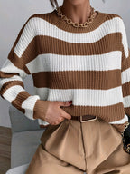 Striped Chunky Knit Sweater with Round Neck and Dropped Shoulders — variant_front