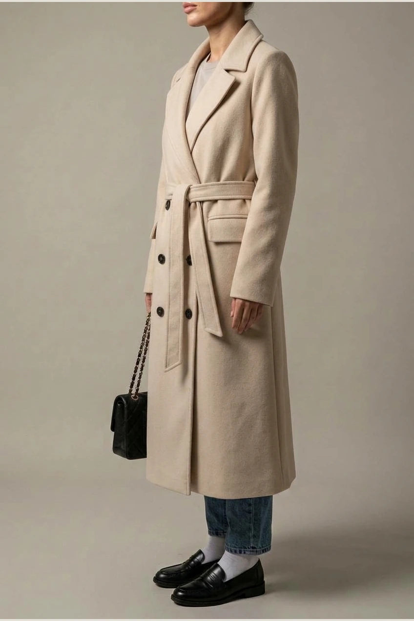 Women's Long Coat Wool Blend Belted Structured Tailored Fit Office — variant_front