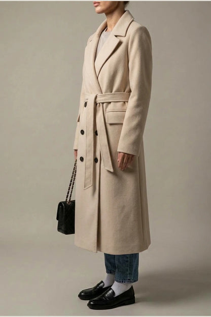 Women's Long Coat Wool Blend Belted Structured Tailored Fit Office — variant_front