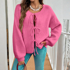 Relaxed Knit Cardigan with Tie Front and Puff Sleeves — variant_front