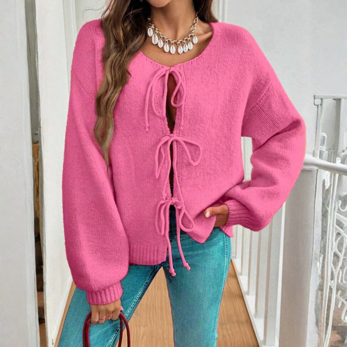 Relaxed Knit Cardigan with Tie Front and Puff Sleeves — variant_front