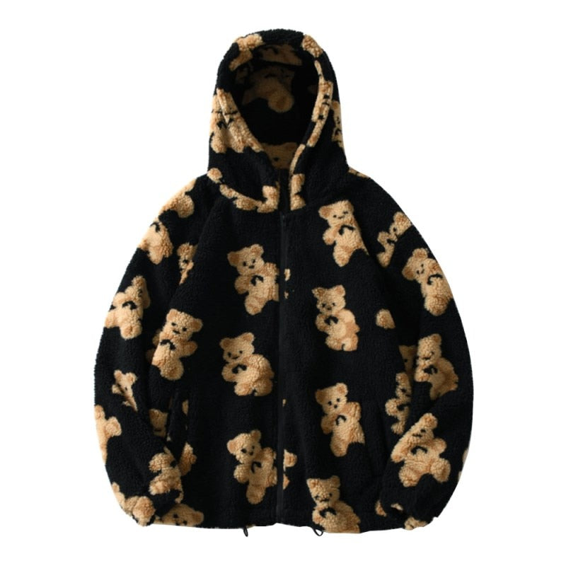 Oversized Fluffy Sherpa Jacket with Hood and Teddy Bear Print — variant_front