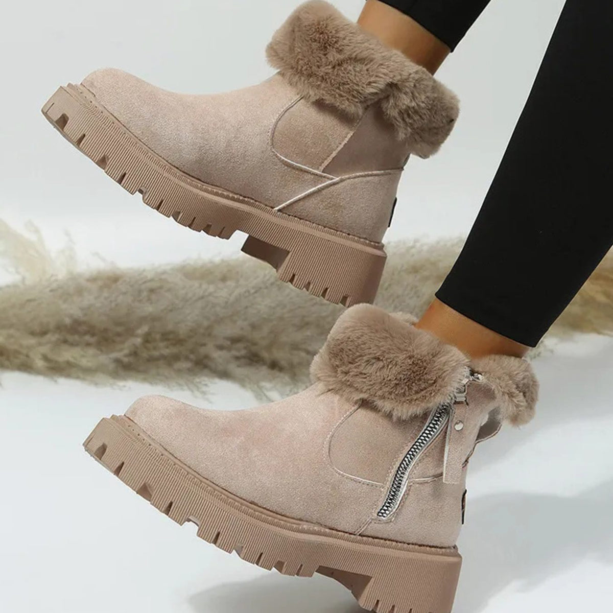 Warm Suede Winter Ankle Boots with Fluffy Fur Collar — variant_front