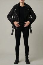 Amelia | Women's Shearling-Lined Belted Suede Moto Jacket — variant_front