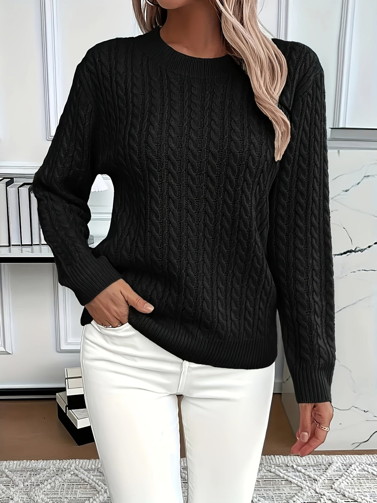 Chunky Cable Knit Sweater with Crew Neck and Ribbed Cuffs — variant_front