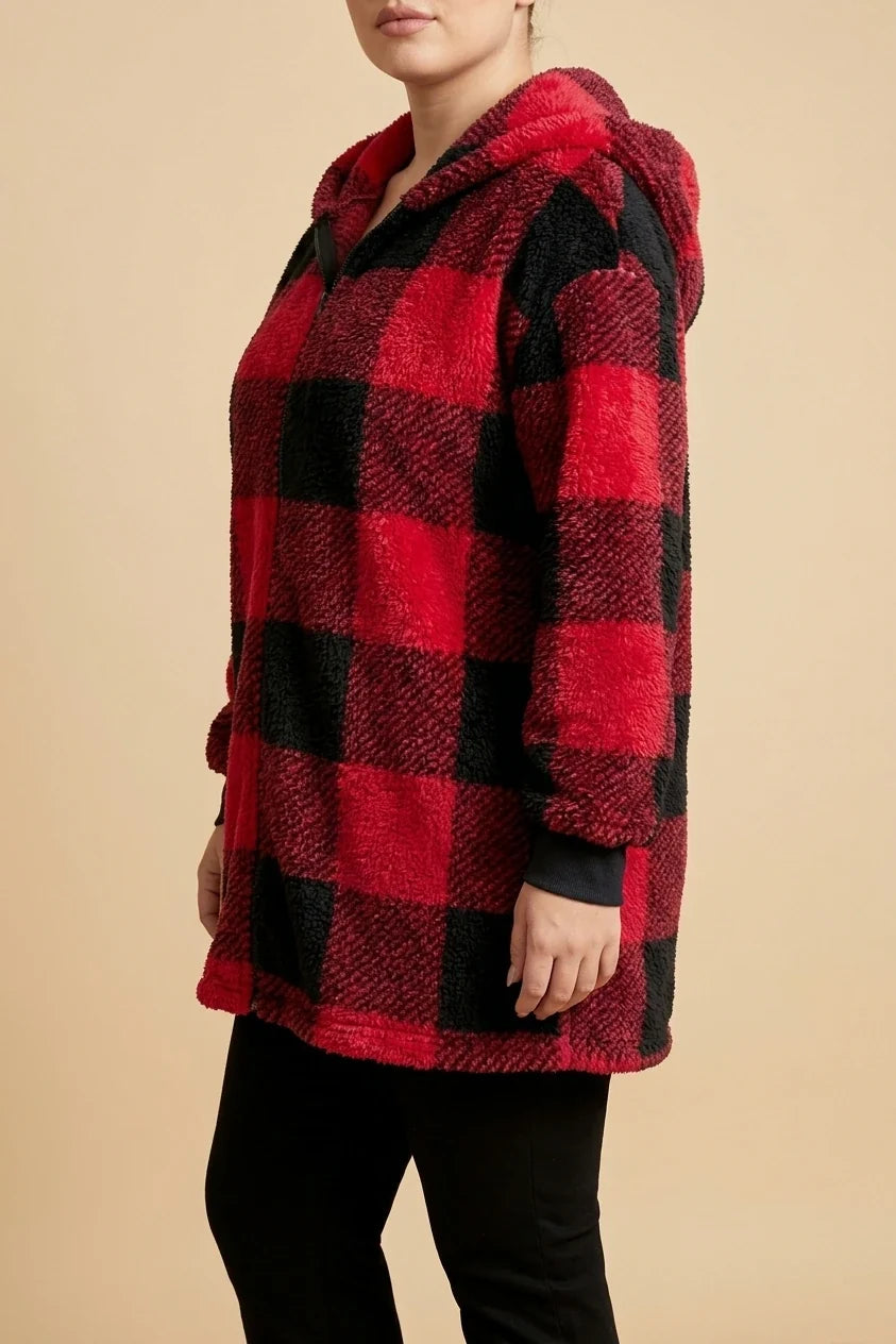 Plus Size, Plus Size Women's Elegant Red & Black Plaid Hooded Jacket - Warm Winter Suitable for Fall/Winter, Cozy Outerwear with Hood, Machine Washable Blazer for Weather, Hand Washable or Dry Cleanable (No) — variant_front