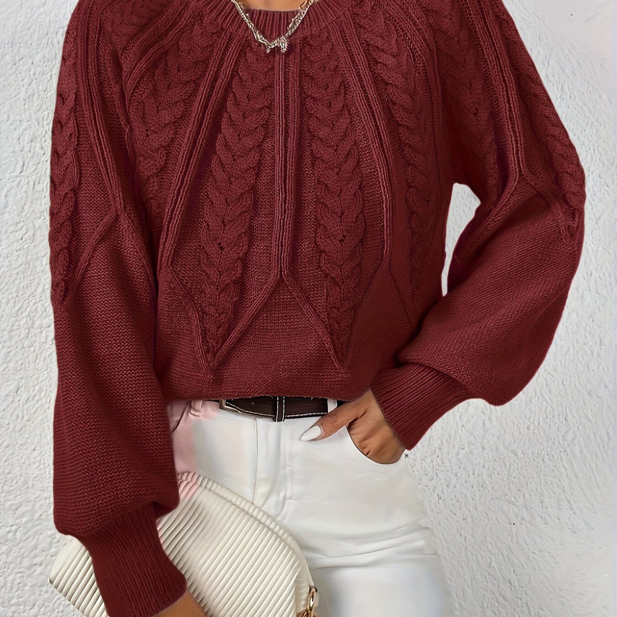 Women's Cable-Knit Cropped Jumper with Ribbed Crew Neck